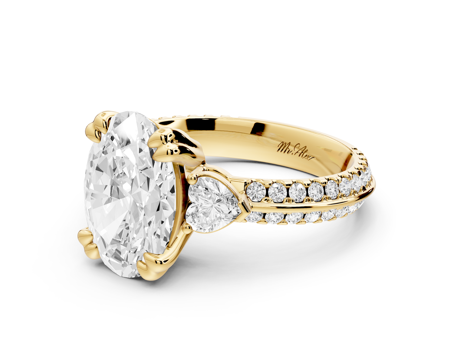 Elinor - 3ct 14k yellow gold oval diamond Double talon prongs with two heart side stones and rollover pavé engagement ring