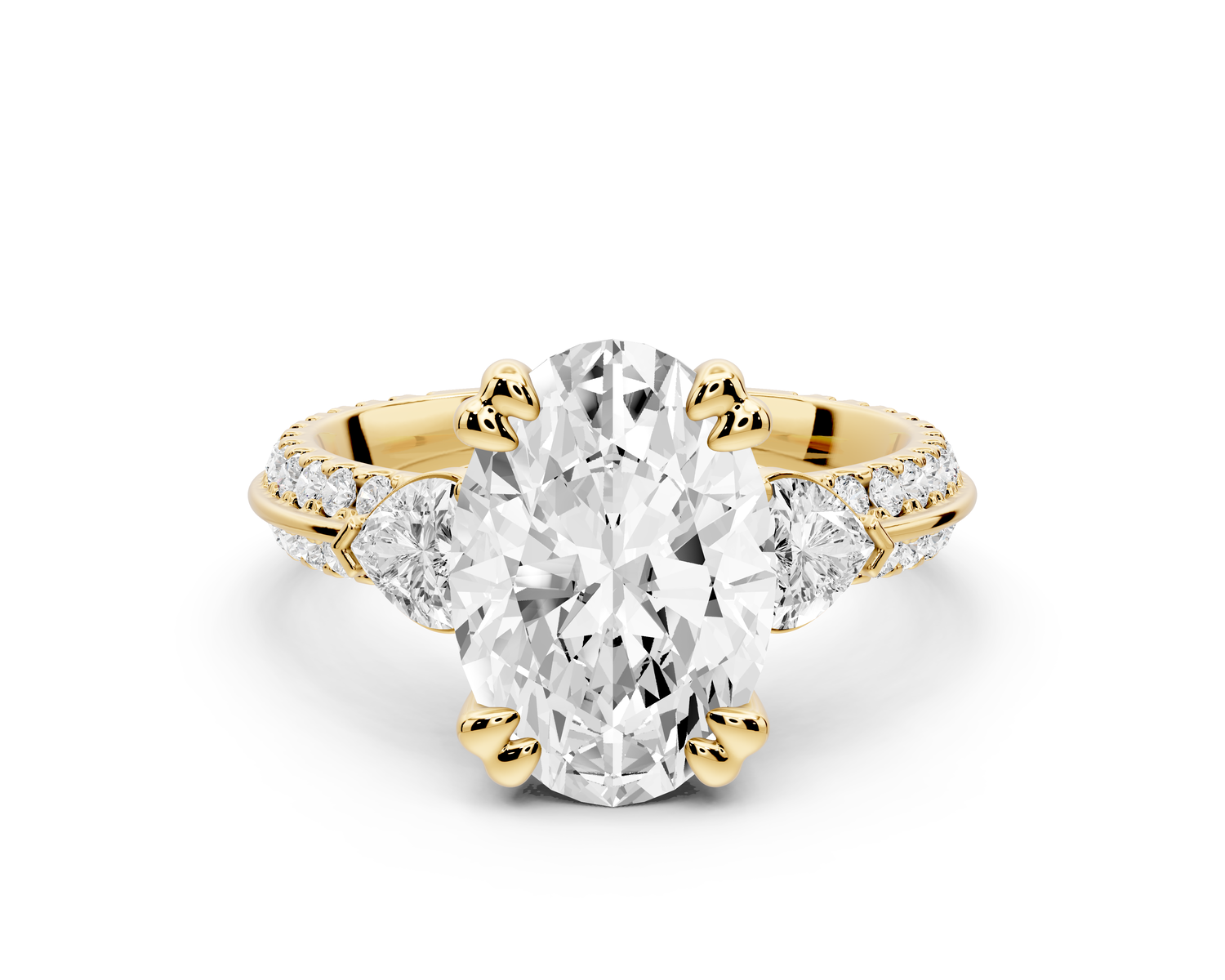 Elinor - 3ct 14k yellow gold oval diamond Double talon prongs with two heart side stones and rollover pavé engagement ring