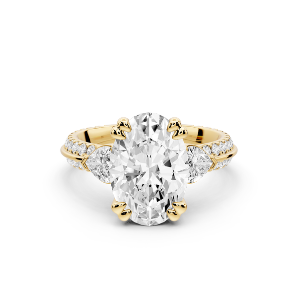 Elinor - 3ct 14k yellow gold oval diamond Double talon prongs with two heart side stones and rollover pavé engagement ring