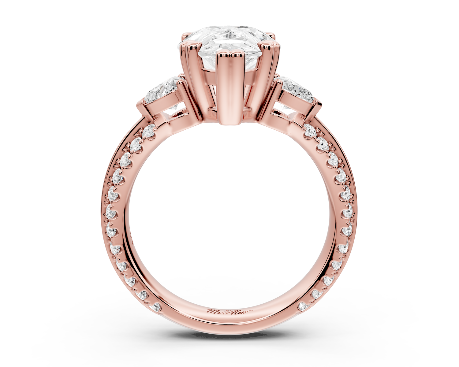 Elinor - 3ct 14k rose gold pear diamond Double talon prongs with two heart side stones and rollover pavé engagement ring