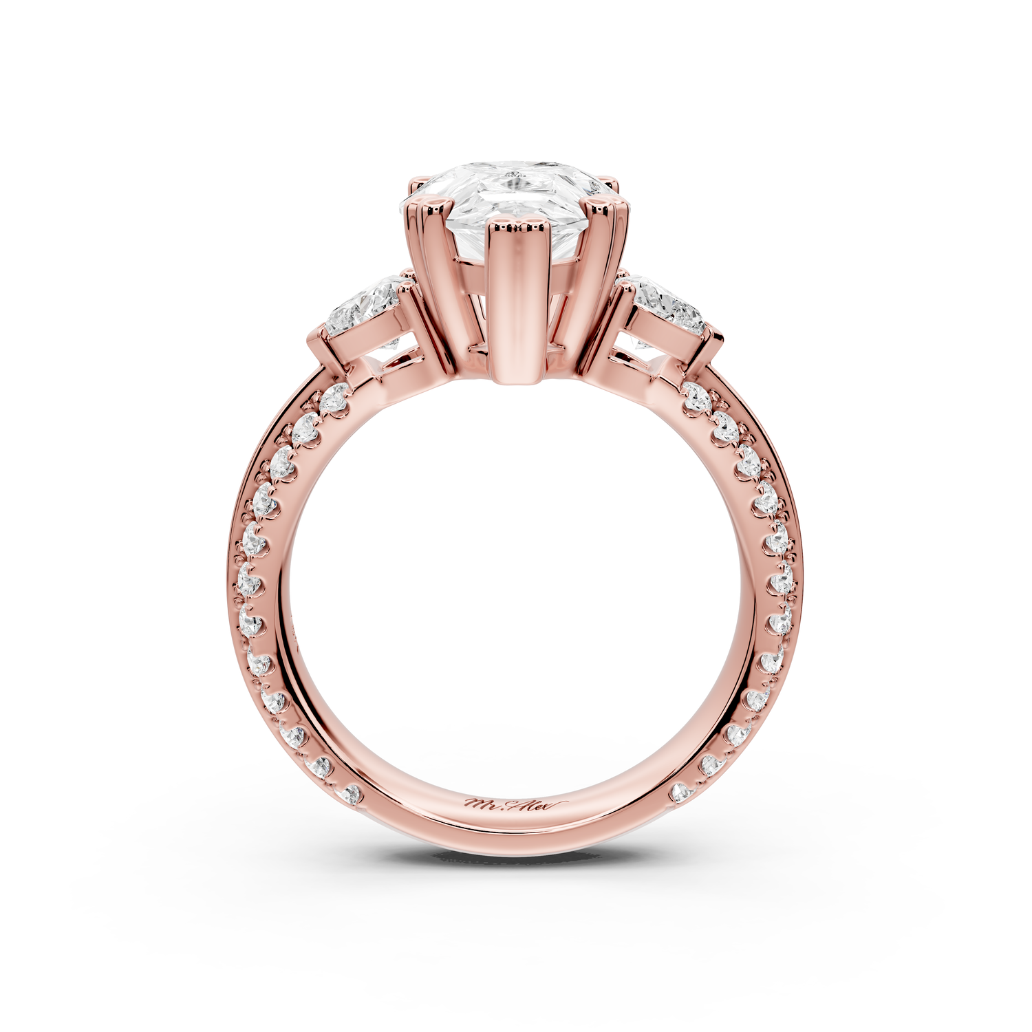 Elinor - 3ct 14k rose gold pear diamond Double talon prongs with two heart side stones and rollover pavé engagement ring
