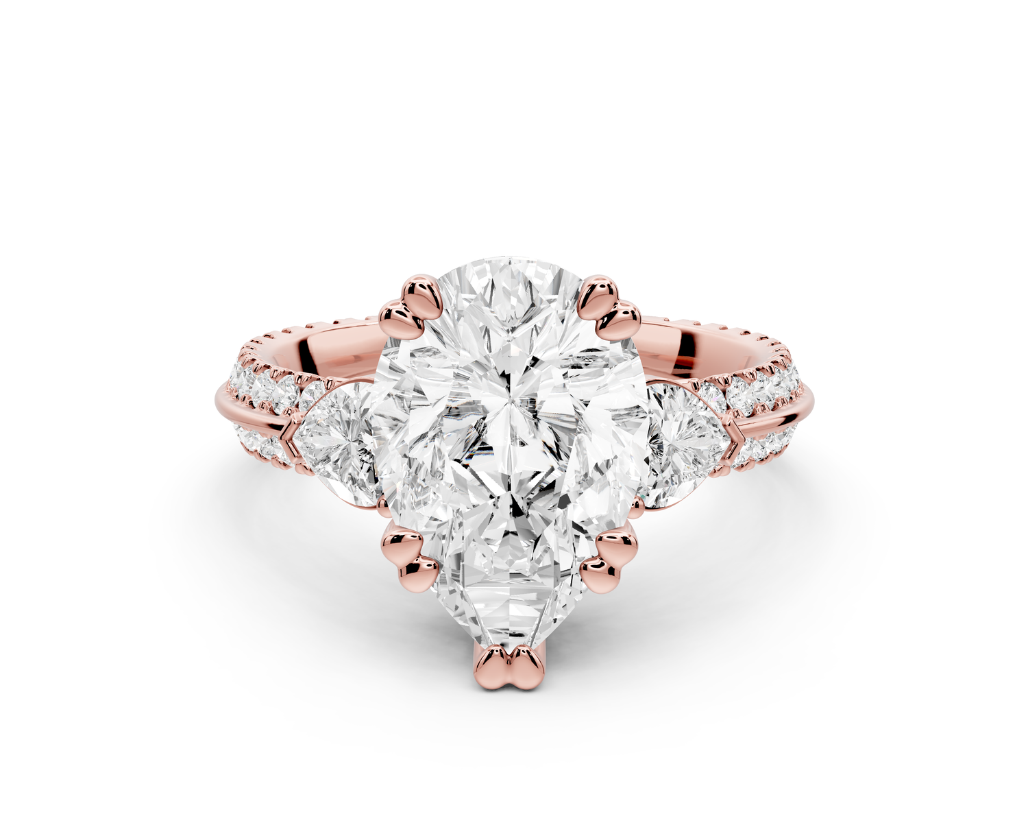 Elinor - 3ct 14k rose gold pear diamond Double talon prongs with two heart side stones and rollover pavé engagement ring