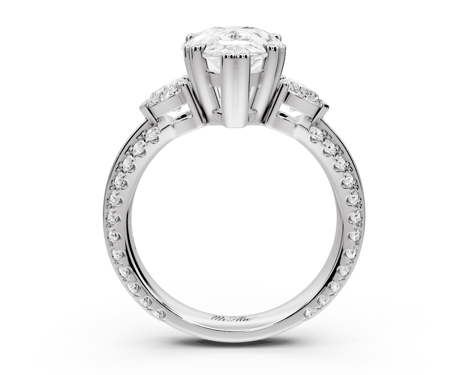 Elinor - 3ct 14k white gold pear diamond Double talon prongs with two heart side stones and rollover pavé engagement ring