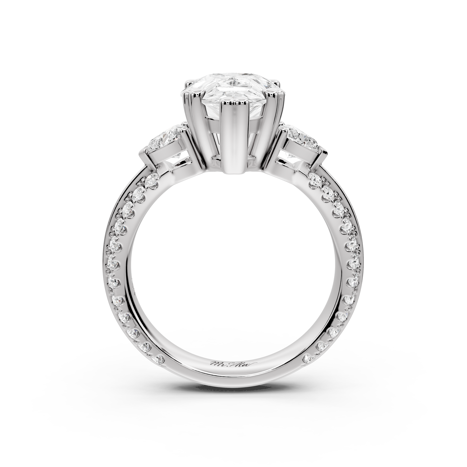 Elinor - 3ct 14k white gold pear diamond Double talon prongs with two heart side stones and rollover pavé engagement ring