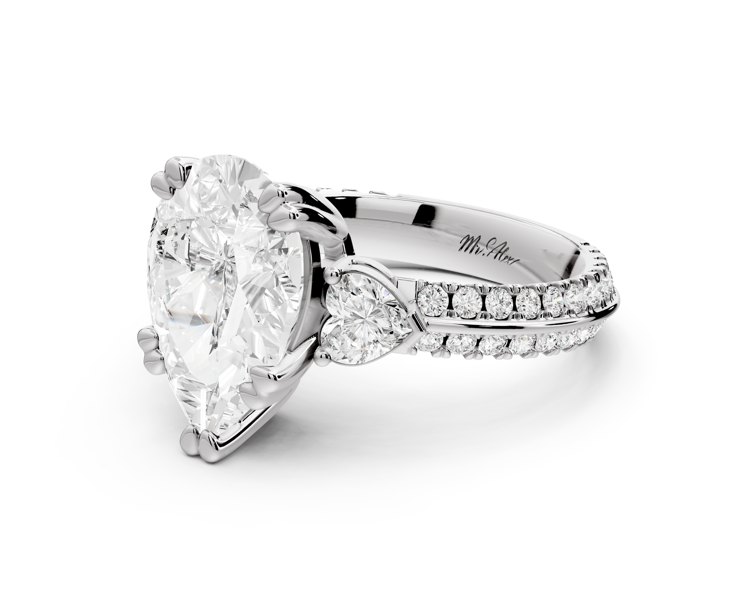 Elinor - 3ct 14k white gold pear diamond Double talon prongs with two heart side stones and rollover pavé engagement ring