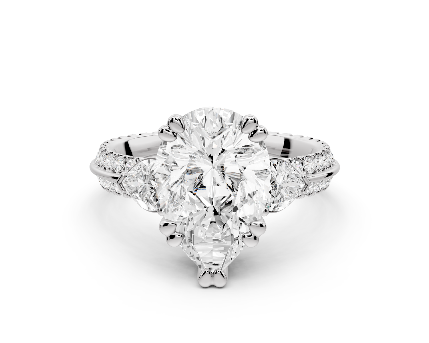 Elinor - 3ct 14k white gold pear diamond Double talon prongs with two heart side stones and rollover pavé engagement ring