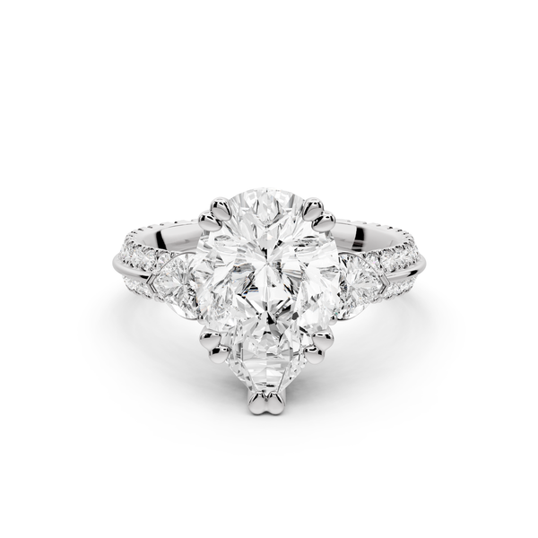 Elinor - 3ct 14k white gold pear diamond Double talon prongs with two heart side stones and rollover pavé engagement ring