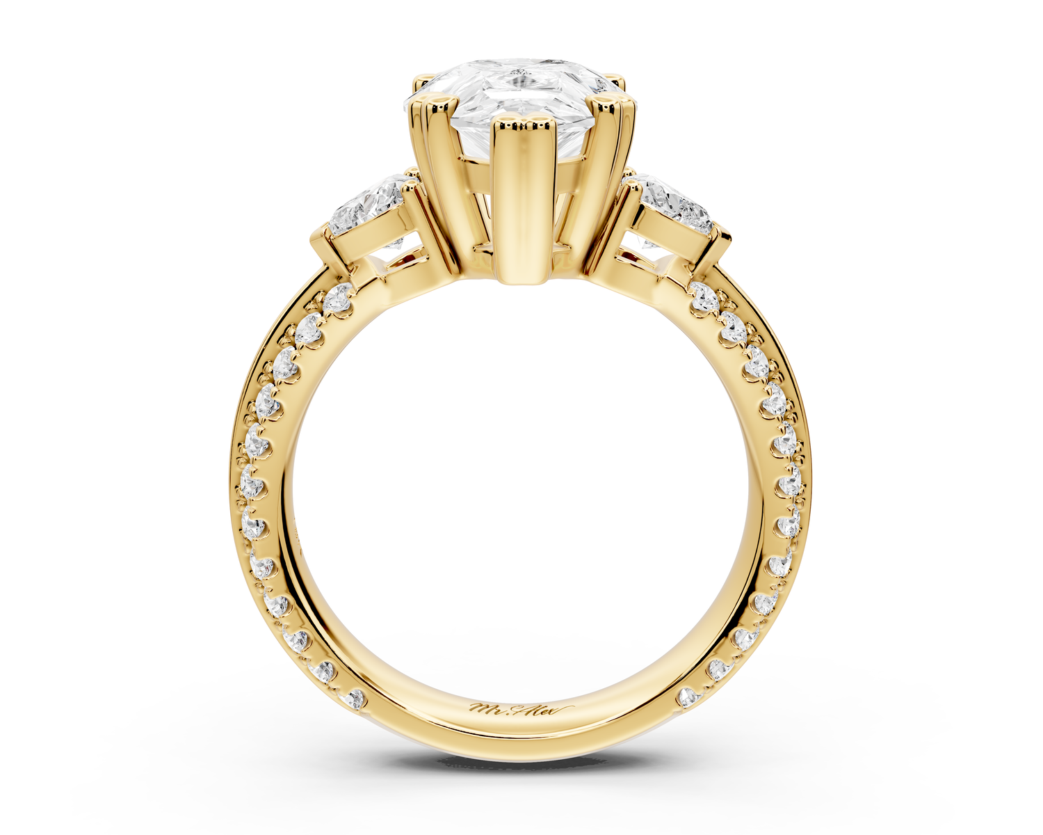 Elinor - 3ct 14k yellow gold pear diamond Double talon prongs with two heart side stones and rollover pavé engagement ring