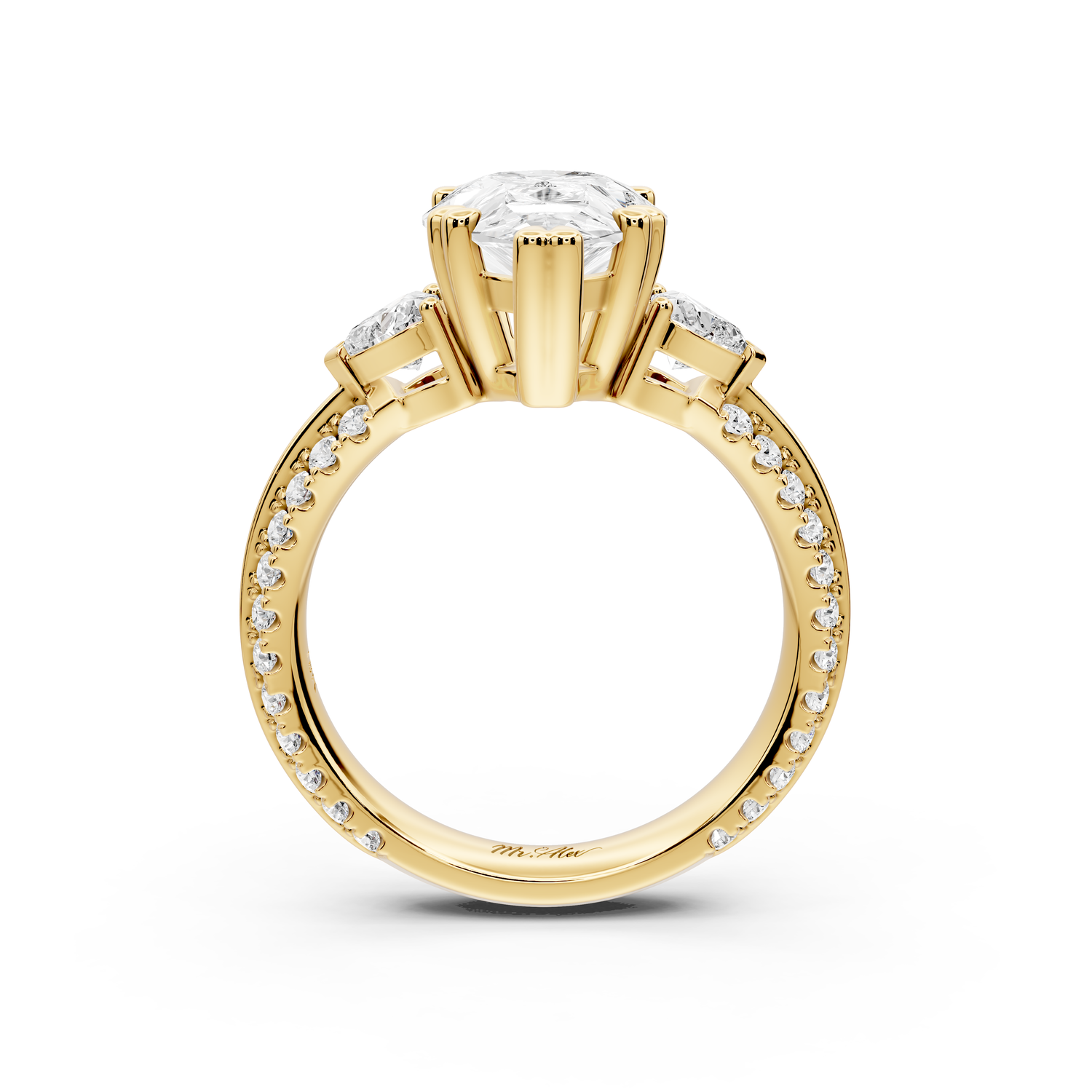 Elinor - 3ct 14k yellow gold pear diamond Double talon prongs with two heart side stones and rollover pavé engagement ring
