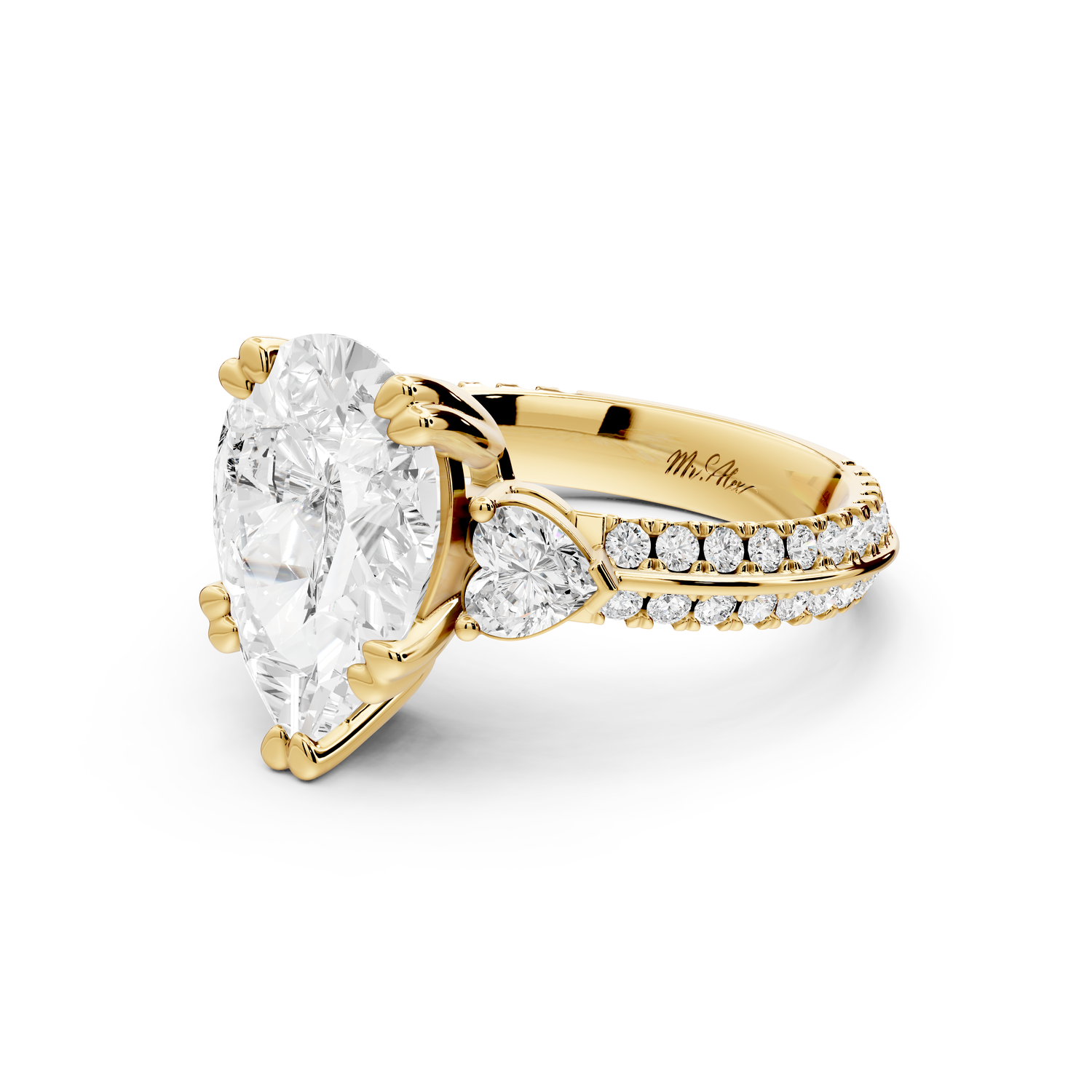 Elinor - 3ct 14k yellow gold pear diamond Double talon prongs with two heart side stones and rollover pavé engagement ring