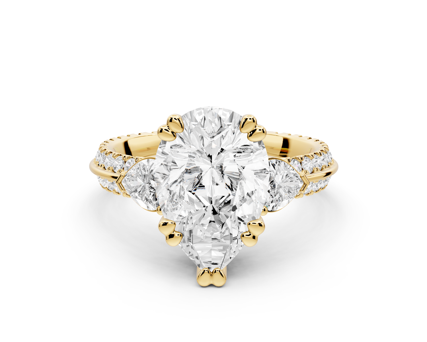 Elinor - 3ct 14k yellow gold pear diamond Double talon prongs with two heart side stones and rollover pavé engagement ring