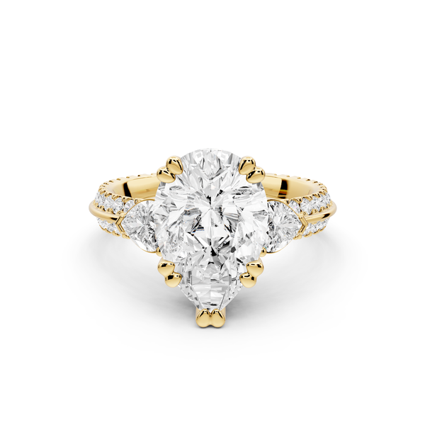 Elinor - 3ct 14k yellow gold pear diamond Double talon prongs with two heart side stones and rollover pavé engagement ring