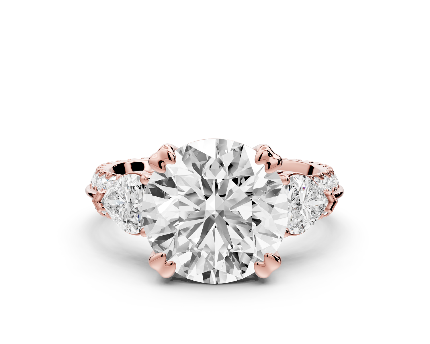 Elinor - 3ct 14k rose gold round diamond Double talon prongs with two heart side stones and rollover Pavé engagement ring