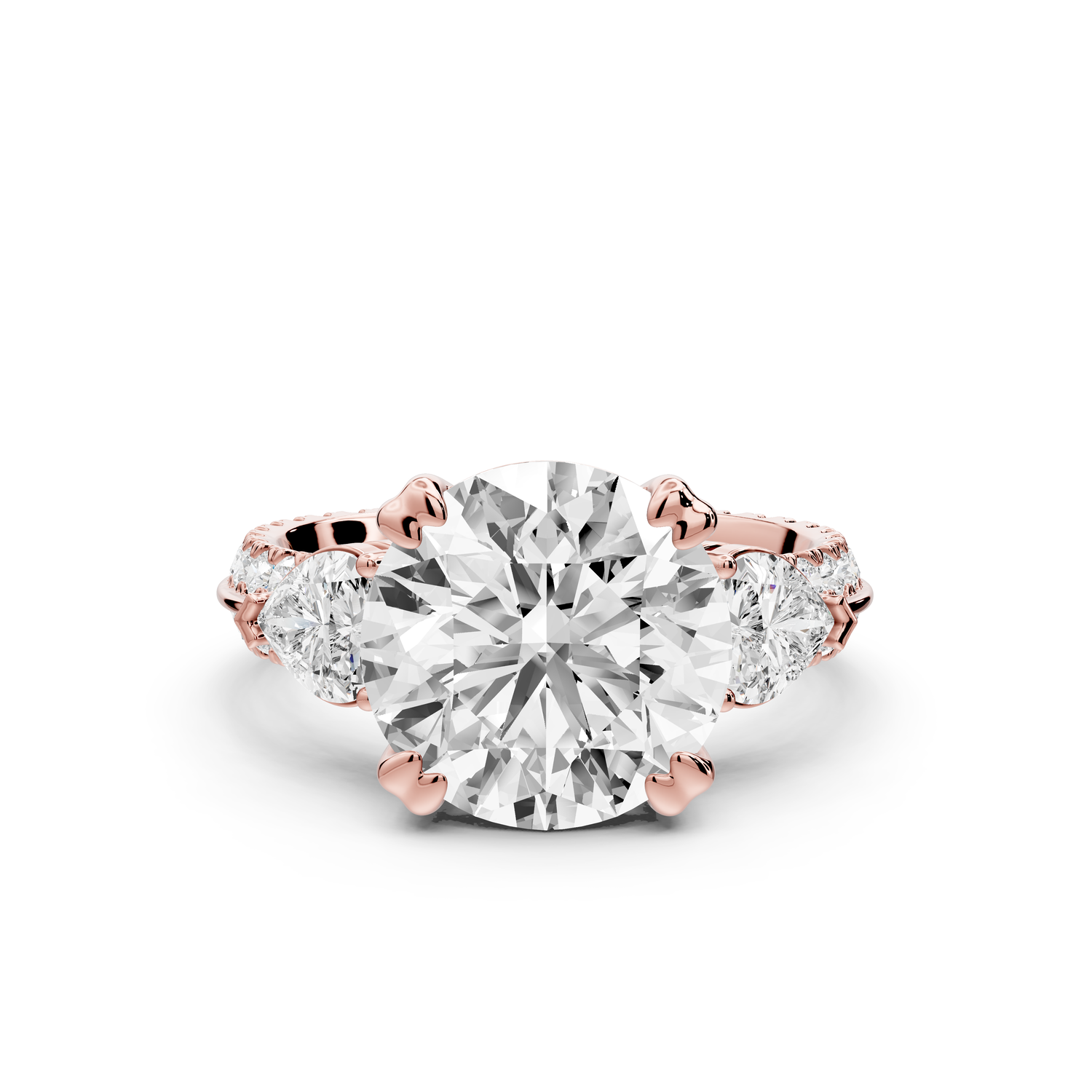 Elinor - 3ct 14k rose gold round diamond Double talon prongs with two heart side stones and rollover Pavé engagement ring