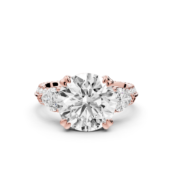 Elinor - 3ct 14k rose gold round diamond Double talon prongs with two heart side stones and rollover Pavé engagement ring
