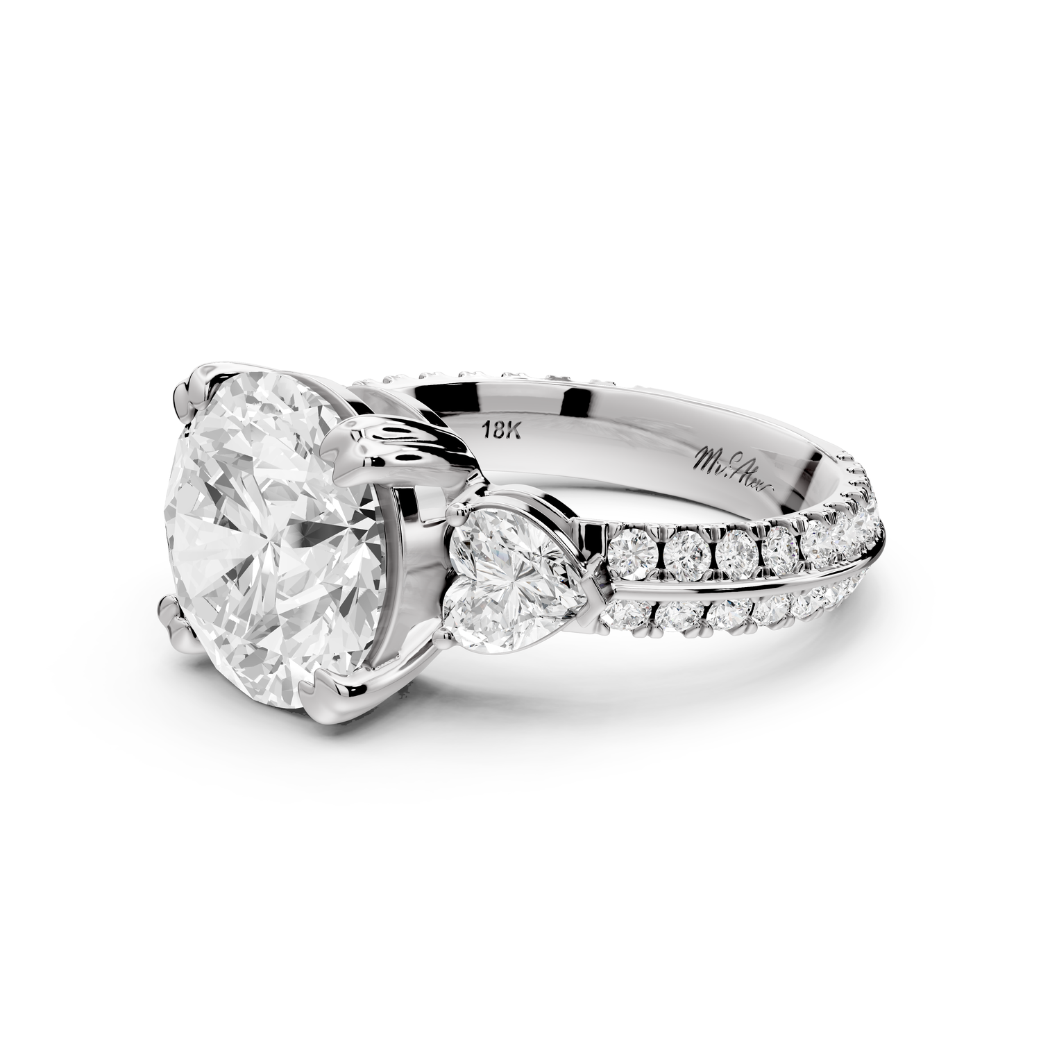 Elinor - 3ct 14k white gold round diamond Double talon prongs with two heart side stones and rollover Pavé engagement ring