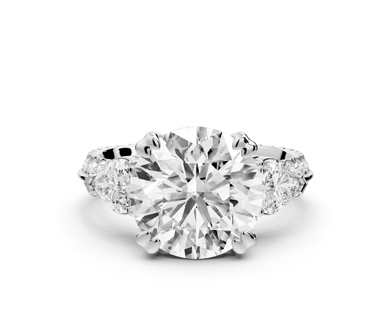 Elinor - 3ct 14k white gold round diamond Double talon prongs with two heart side stones and rollover Pavé engagement ring
