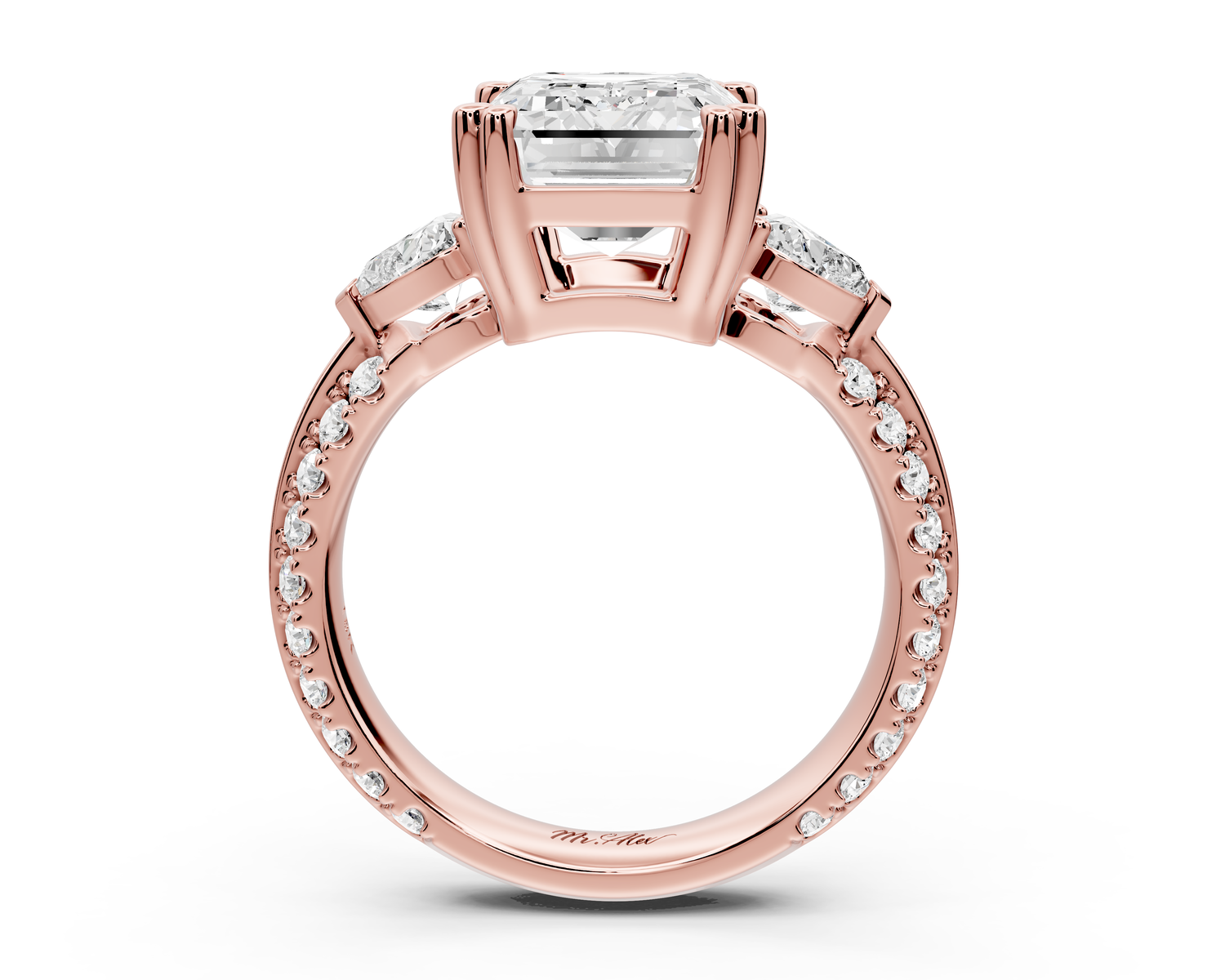 Elinor - 4ct 14k rose gold emerald diamond Double talon prongs with two heart side stones and rollover pavé engagement ring