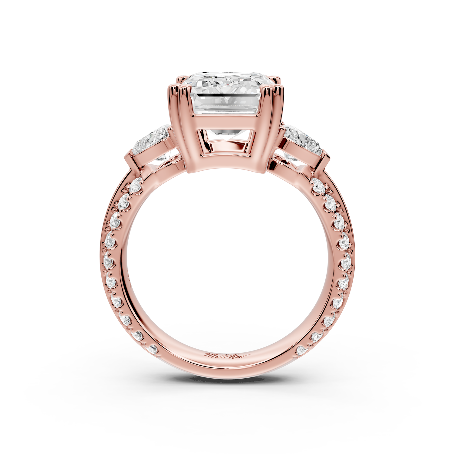 Elinor - 4ct 14k rose gold emerald diamond Double talon prongs with two heart side stones and rollover pavé engagement ring