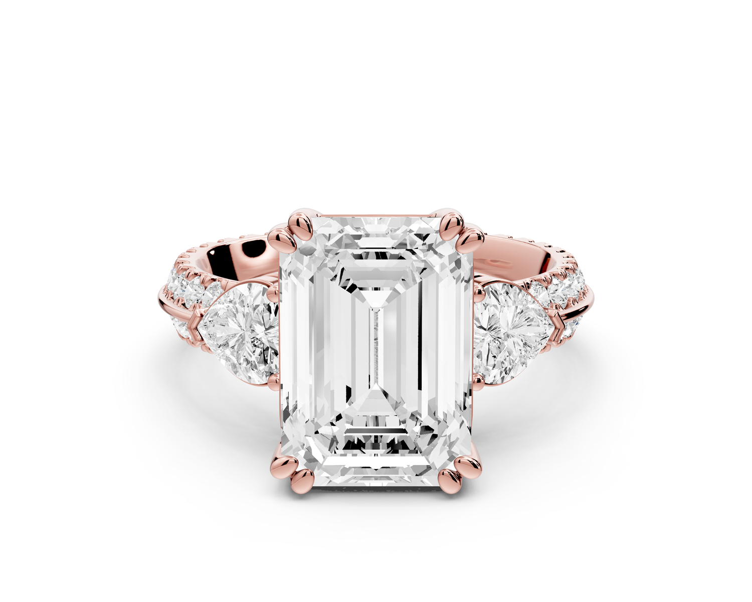 Elinor - 4ct 14k rose gold emerald diamond Double talon prongs with two heart side stones and rollover pavé engagement ring