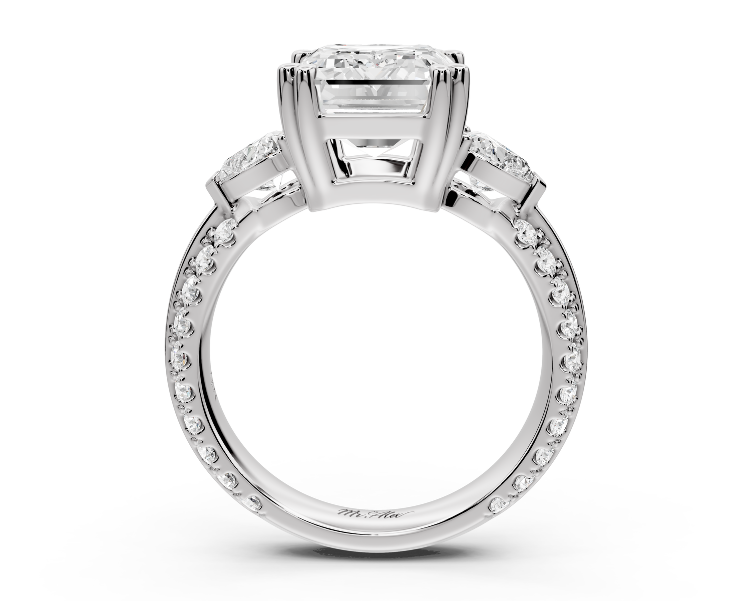 Elinor - 4ct 14k white gold emerald diamond Double talon prongs with two heart side stones and rollover pavé engagement ring