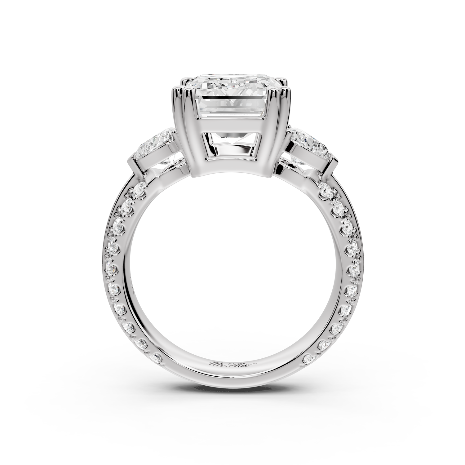 Elinor - 4ct 14k white gold emerald diamond Double talon prongs with two heart side stones and rollover pavé engagement ring