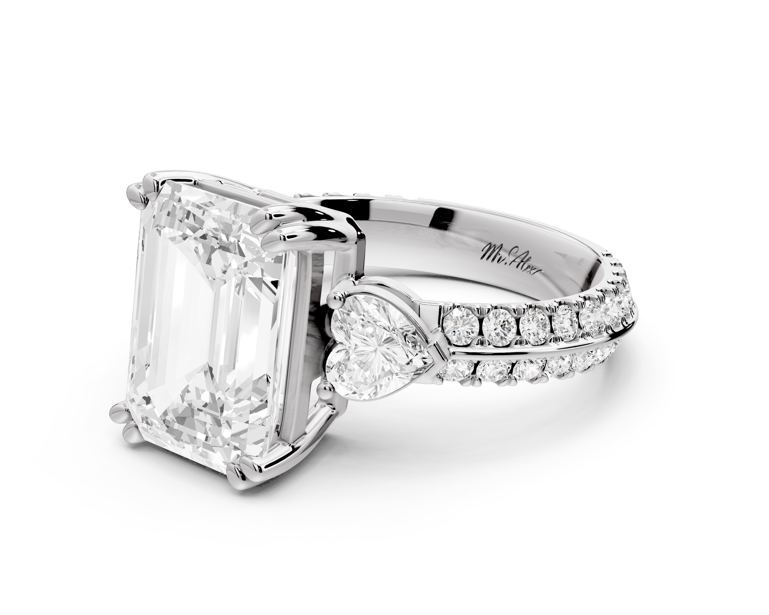 Elinor - 4ct 14k white gold emerald diamond Double talon prongs with two heart side stones and rollover pavé engagement ring