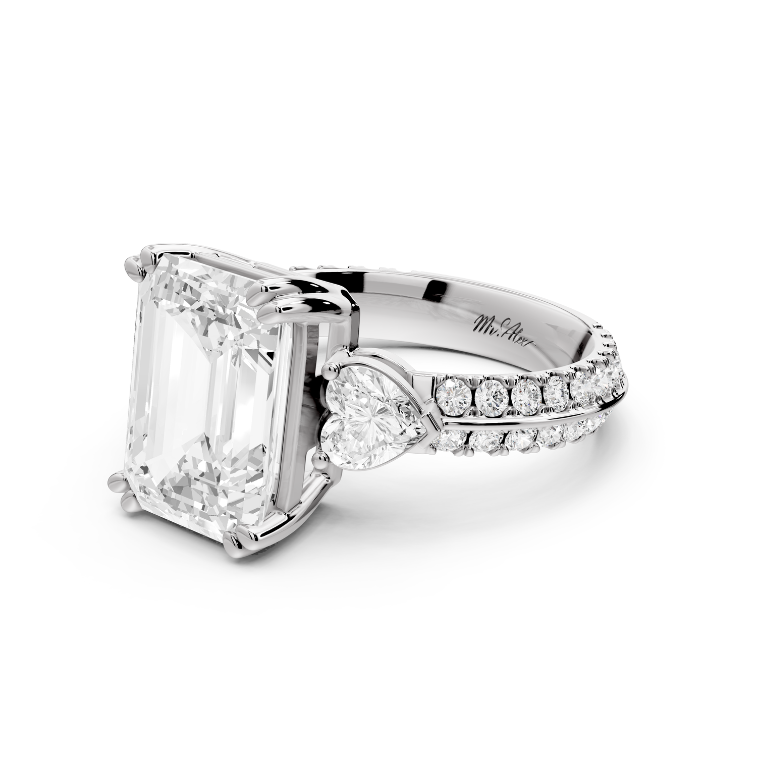 Elinor - 4ct 14k white gold emerald diamond Double talon prongs with two heart side stones and rollover pavé engagement ring