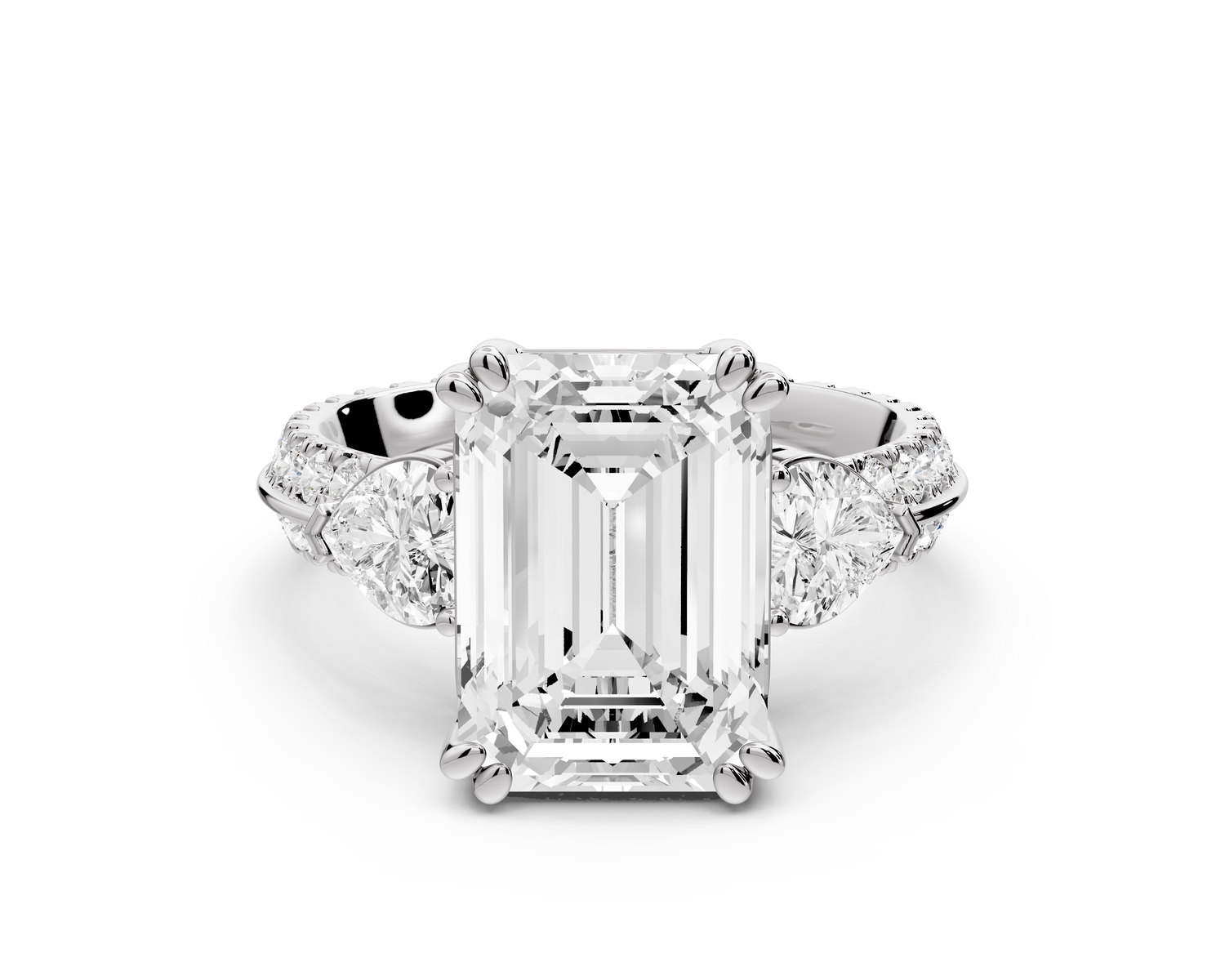 Elinor - 4ct 14k white gold emerald diamond Double talon prongs with two heart side stones and rollover pavé engagement ring