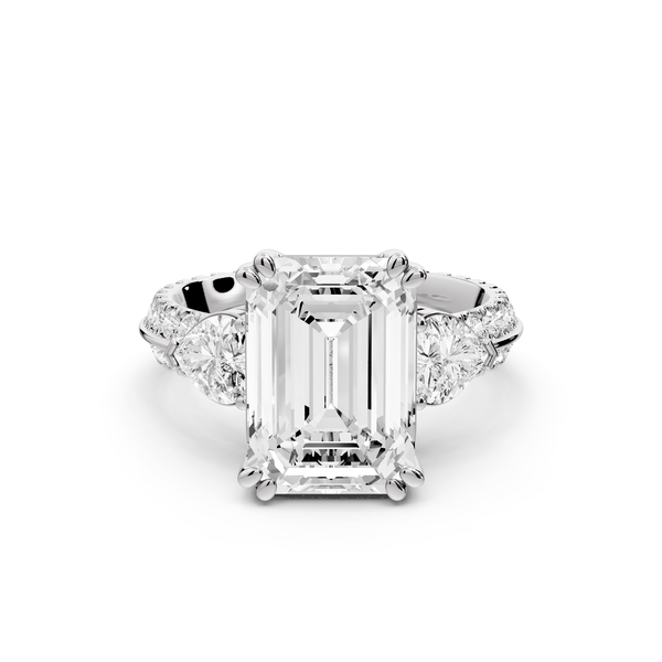 Elinor - 4ct 14k white gold emerald diamond Double talon prongs with two heart side stones and rollover pavé engagement ring