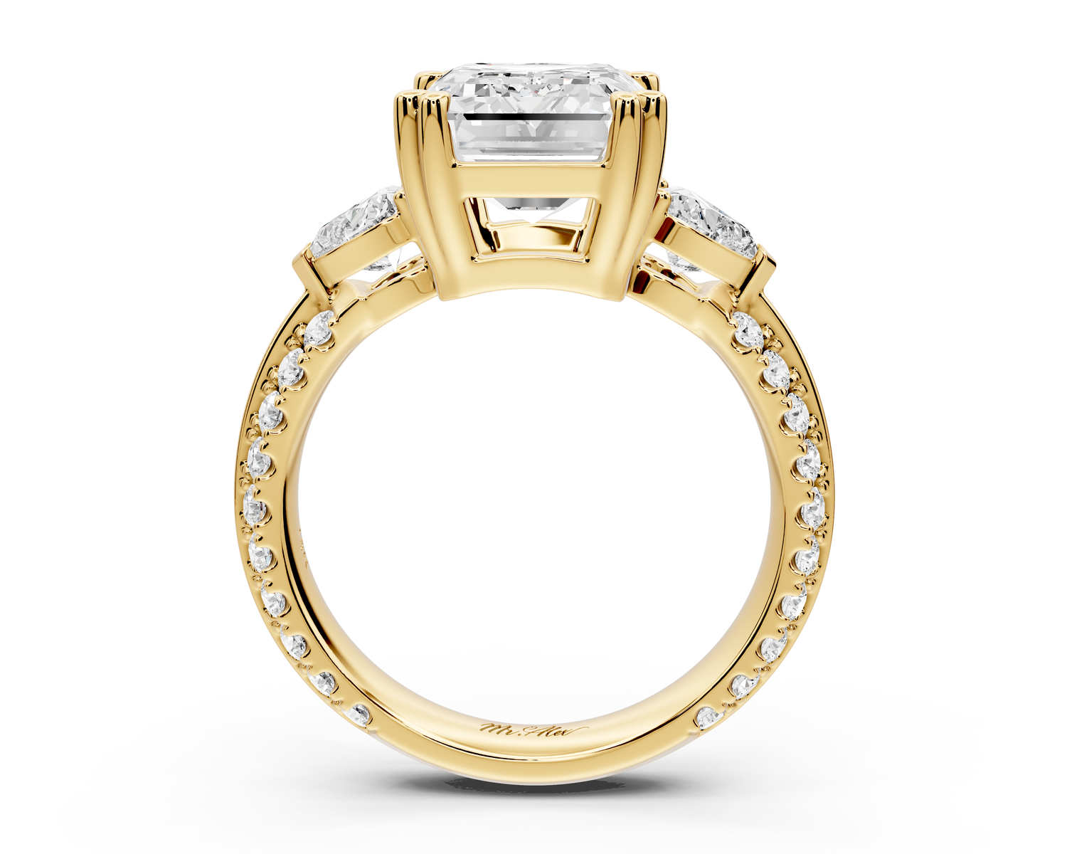 Elinor - 4ct 14k yellow gold emerald diamond Double talon prongs with two heart side stones and rollover pavé engagement ring