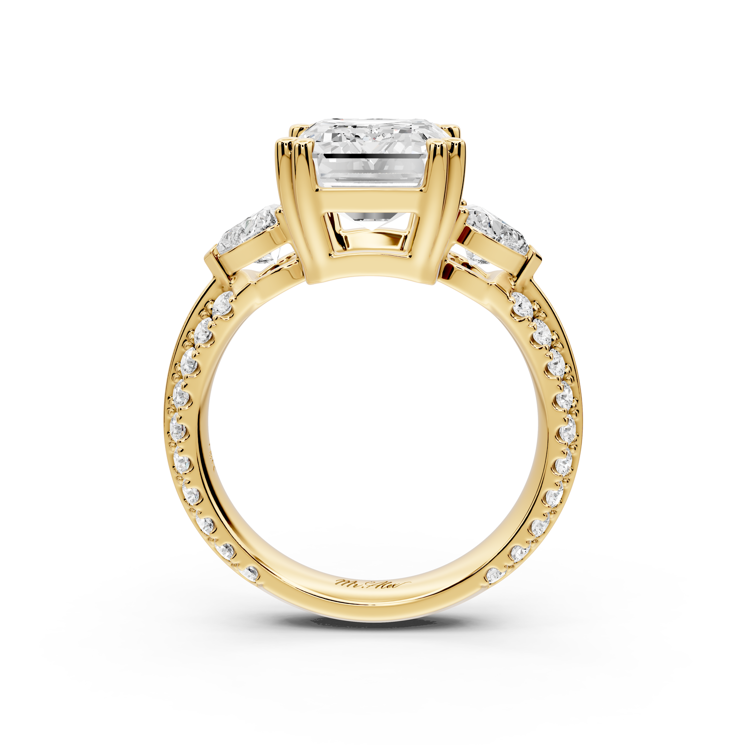 Elinor - 4ct 14k yellow gold emerald diamond Double talon prongs with two heart side stones and rollover pavé engagement ring