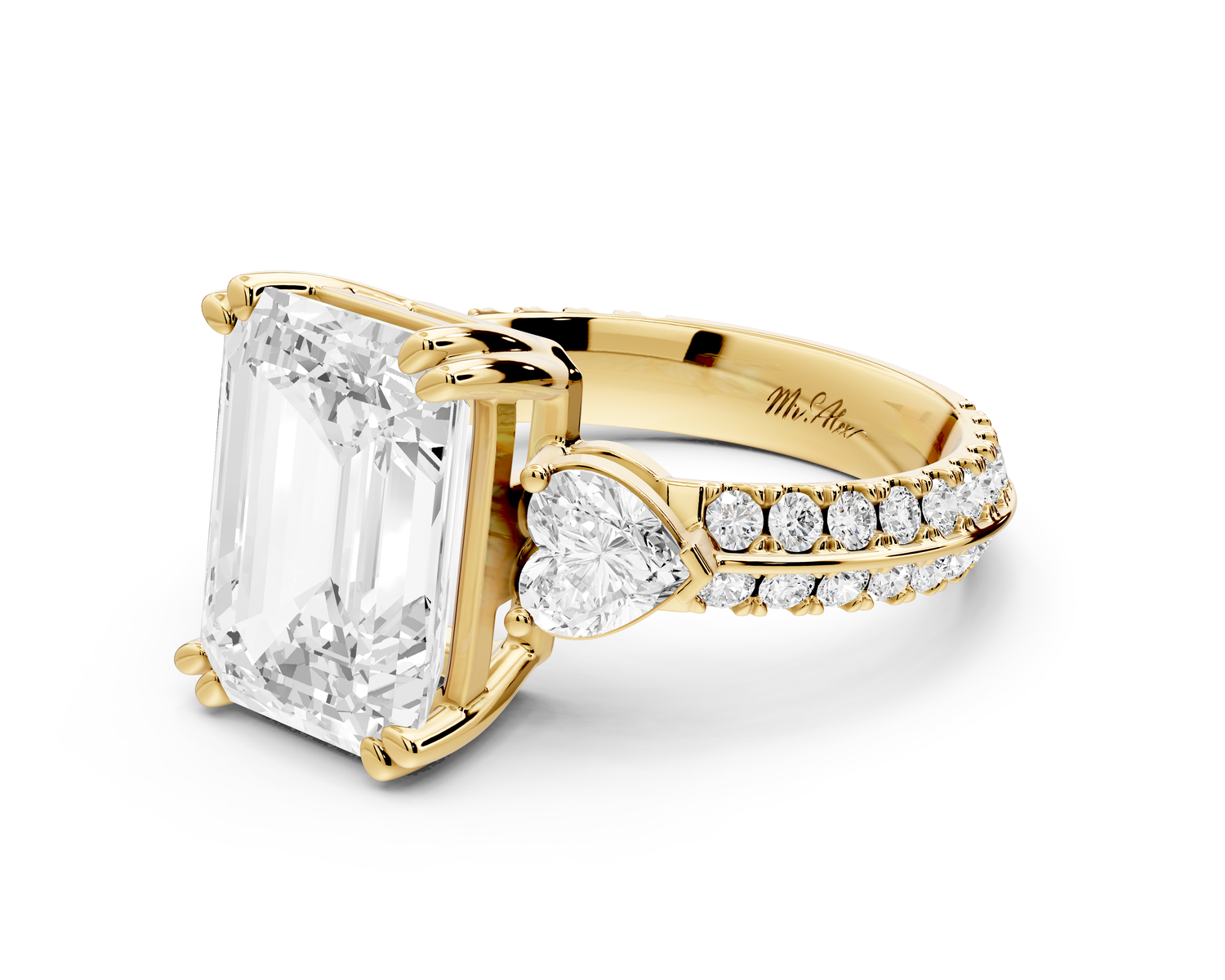 Elinor - 4ct 14k yellow gold emerald diamond Double talon prongs with two heart side stones and rollover pavé engagement ring