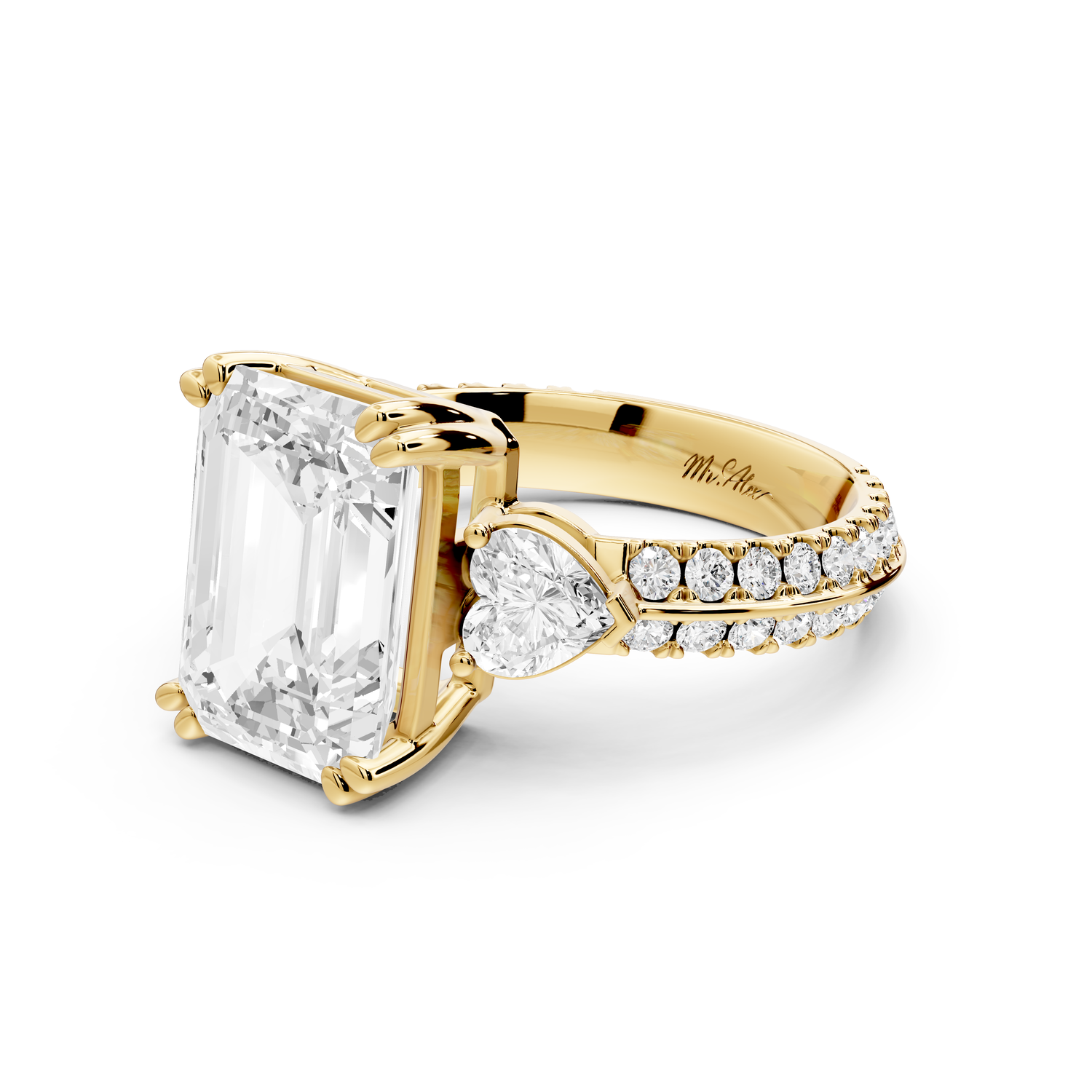 Elinor - 4ct 14k yellow gold emerald diamond Double talon prongs with two heart side stones and rollover pavé engagement ring