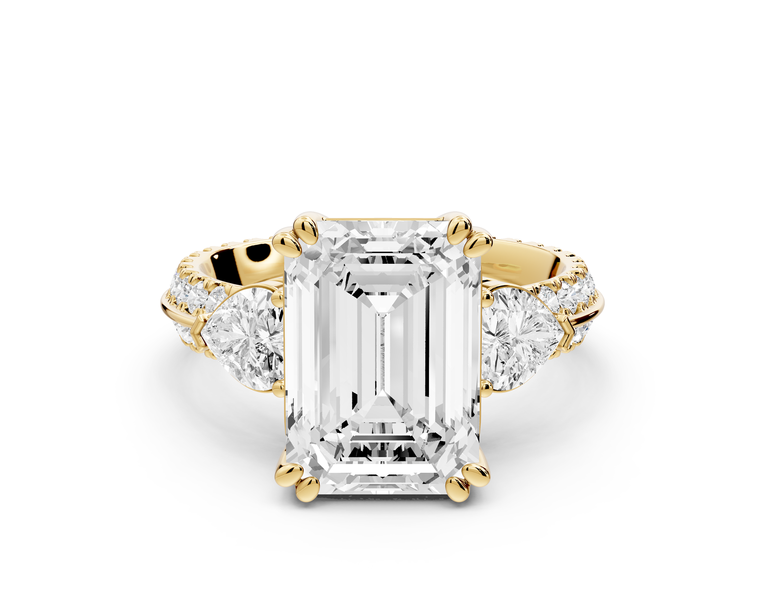 Elinor - 4ct 14k yellow gold emerald diamond Double talon prongs with two heart side stones and rollover pavé engagement ring