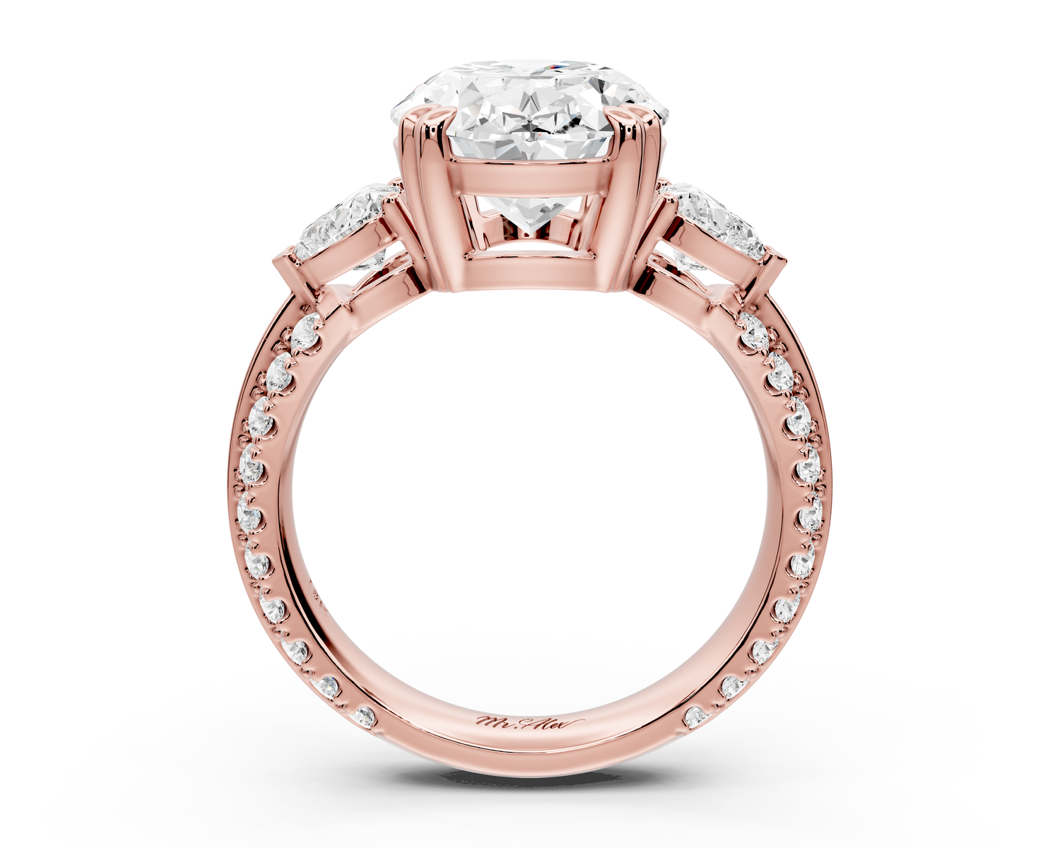 Elinor - 4ct 14k rose gold oval diamond Double talon prongs with two heart side stones and rollover pavé engagement ring