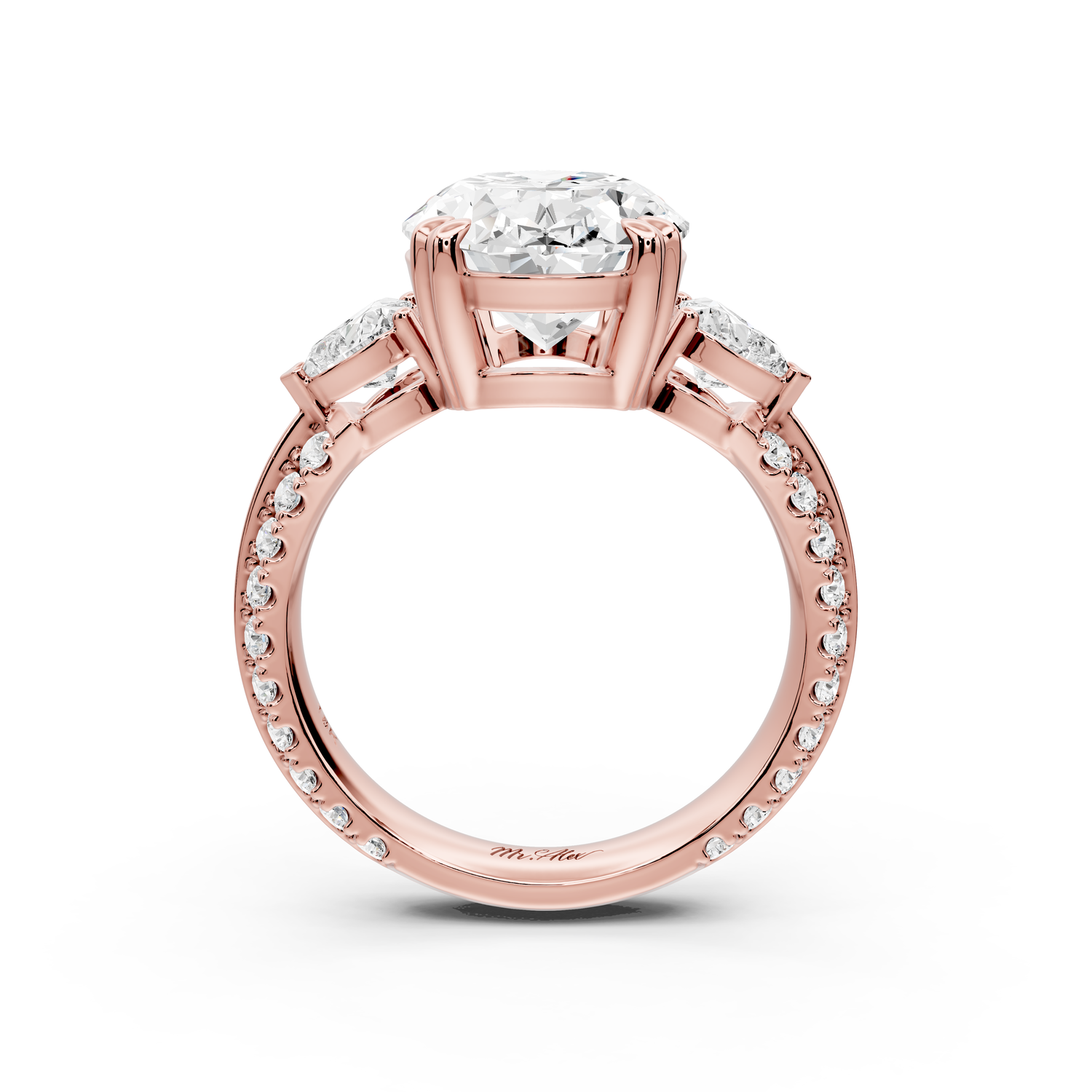 Elinor - 4ct 14k rose gold oval diamond Double talon prongs with two heart side stones and rollover pavé engagement ring