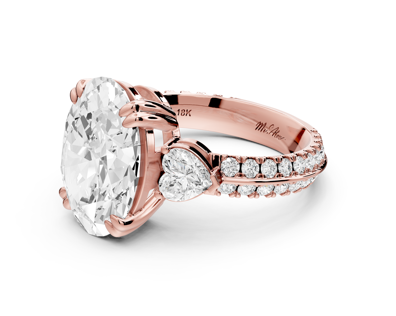 Elinor - 4ct 14k rose gold oval diamond Double talon prongs with two heart side stones and rollover pavé engagement ring