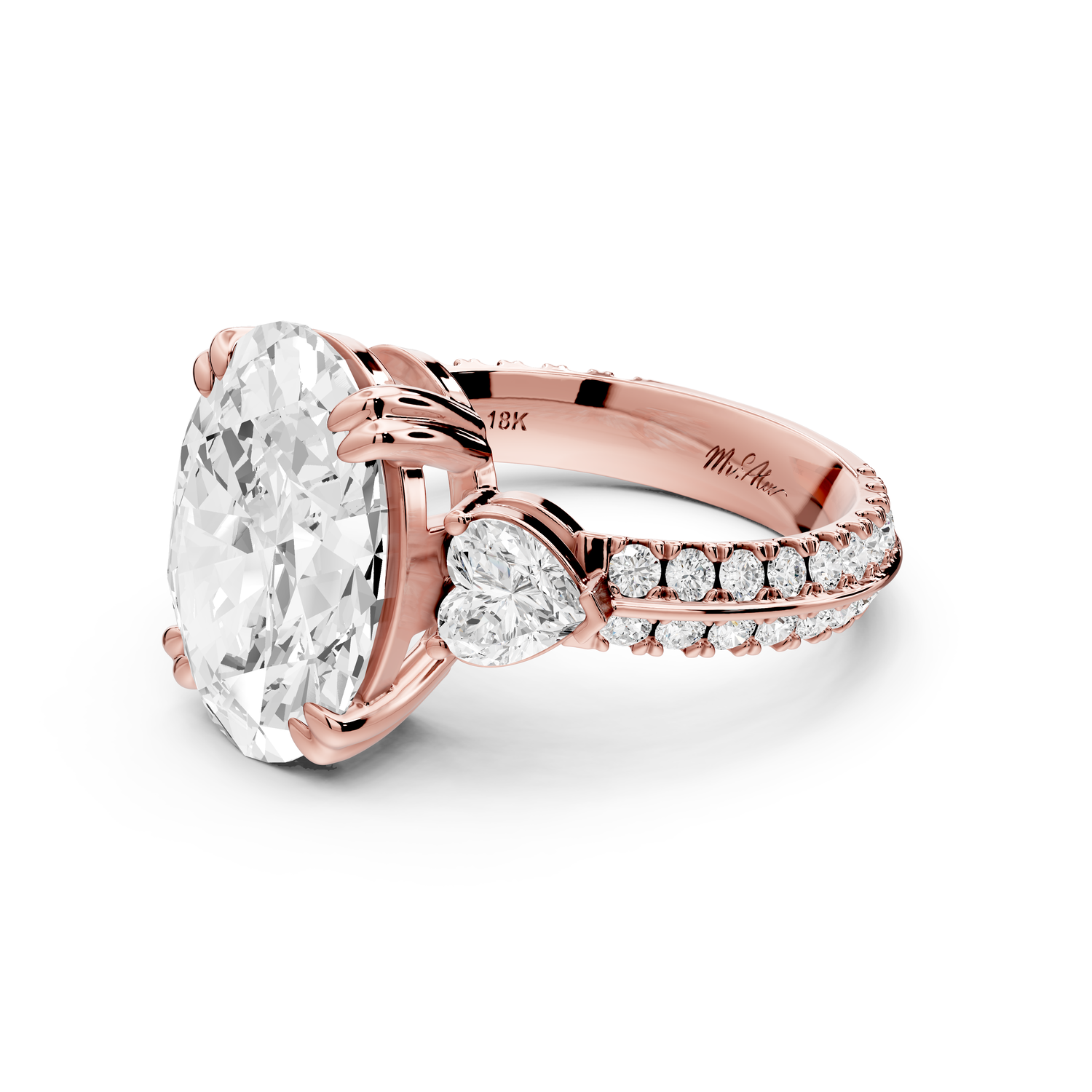 Elinor - 4ct 14k rose gold oval diamond Double talon prongs with two heart side stones and rollover pavé engagement ring