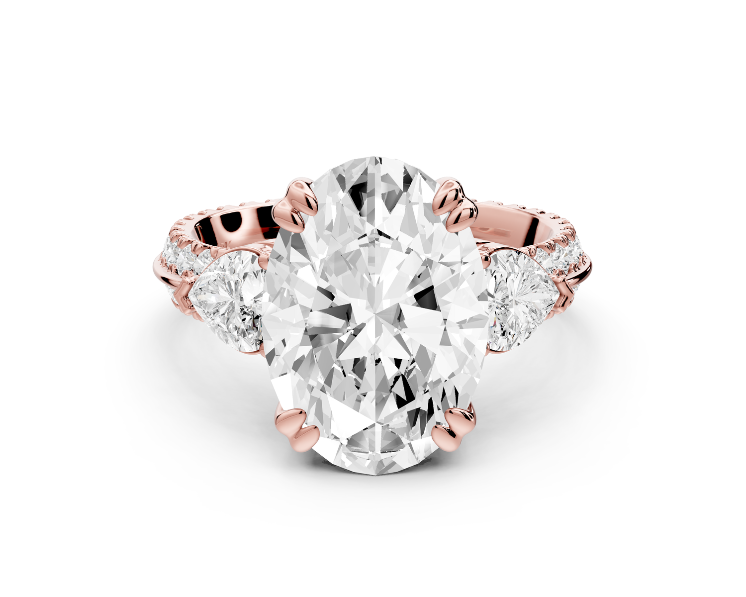 Elinor - 4ct 14k rose gold oval diamond Double talon prongs with two heart side stones and rollover pavé engagement ring