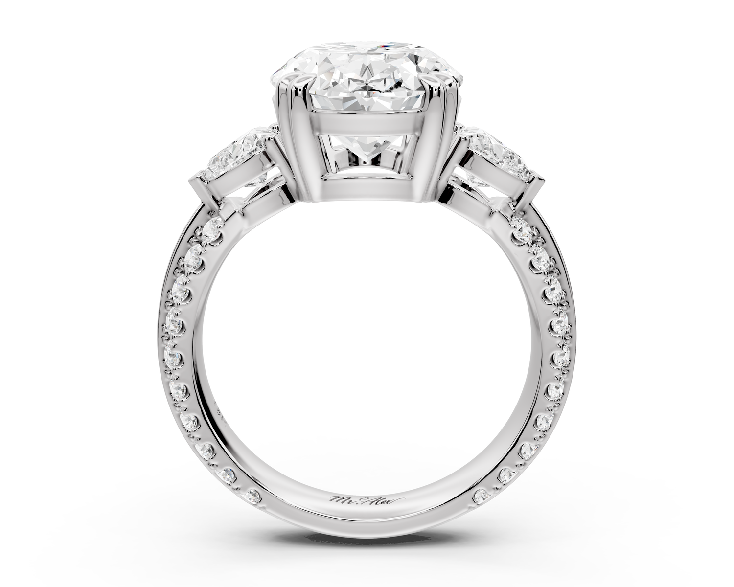 Elinor - 4ct 14k white gold oval diamond Double talon prongs with two heart side stones and rollover pavé engagement ring
