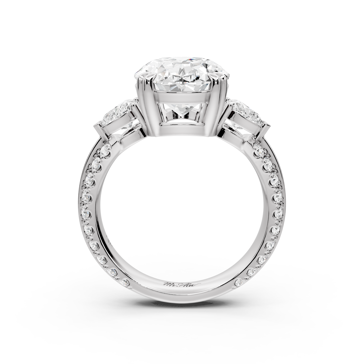 Elinor - 4ct 14k white gold oval diamond Double talon prongs with two heart side stones and rollover pavé engagement ring