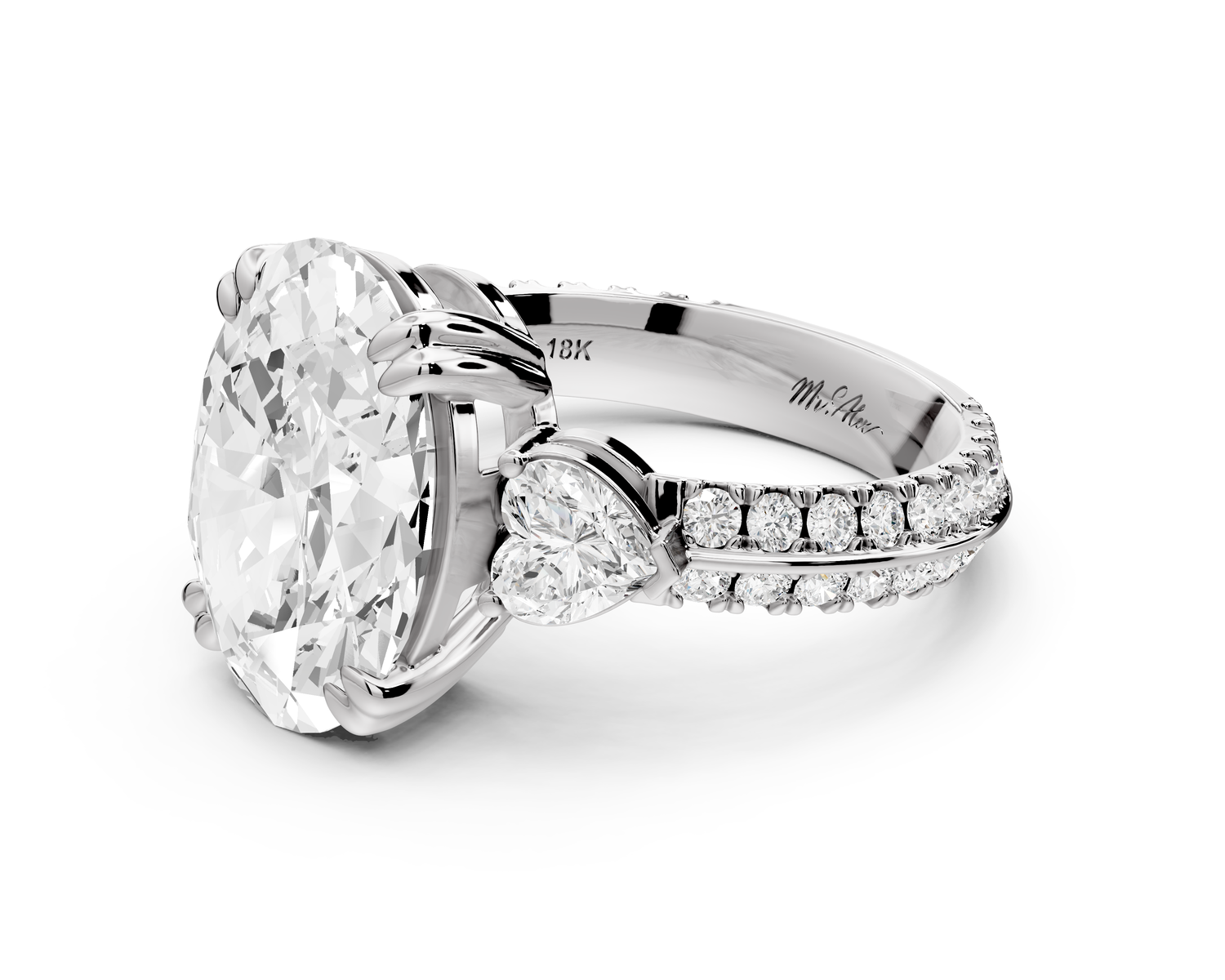 Elinor - 4ct 14k white gold oval diamond Double talon prongs with two heart side stones and rollover pavé engagement ring