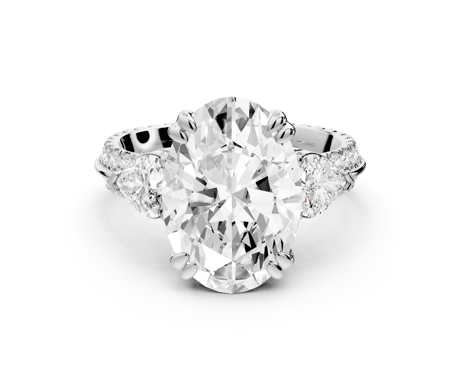 Elinor - 4ct 14k white gold oval diamond Double talon prongs with two heart side stones and rollover pavé engagement ring