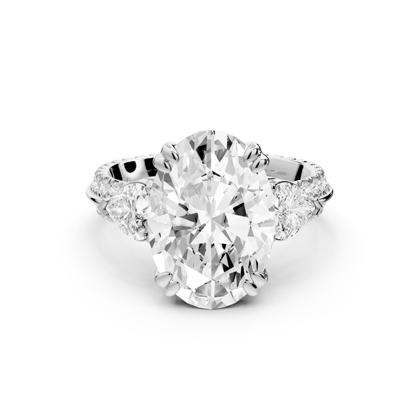 Elinor - 4ct 14k white gold oval diamond Double talon prongs with two heart side stones and rollover pavé engagement ring