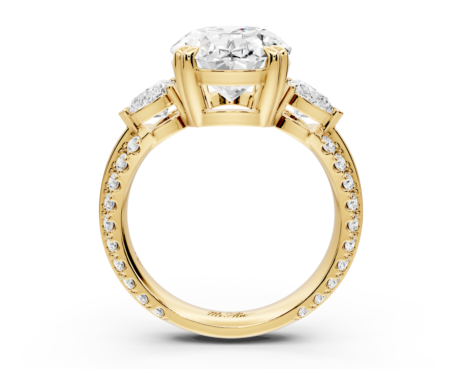 Elinor - 4ct 14k yellow gold oval diamond Double talon prongs with two heart side stones and rollover pavé engagement ring