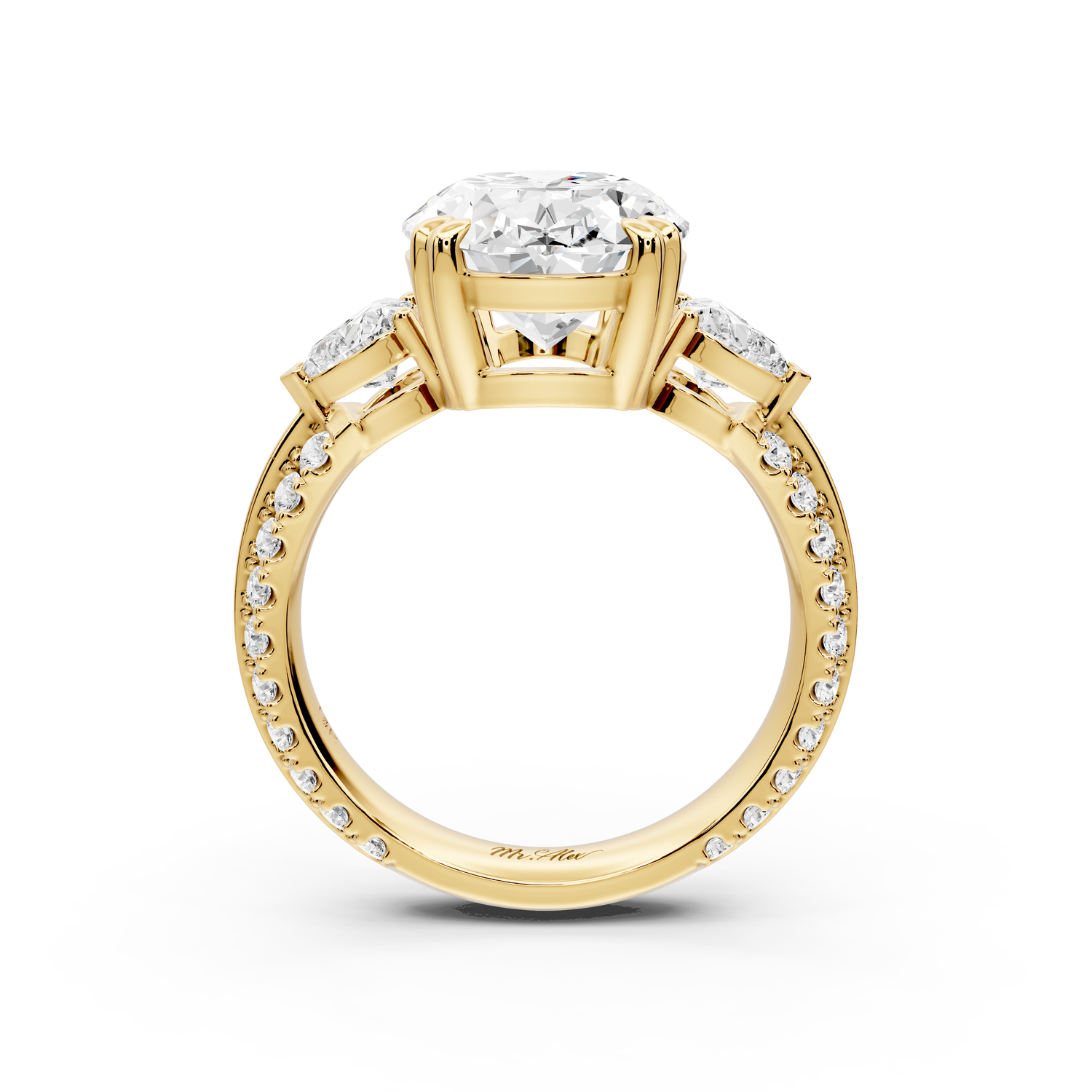 Elinor - 4ct 14k yellow gold oval diamond Double talon prongs with two heart side stones and rollover pavé engagement ring
