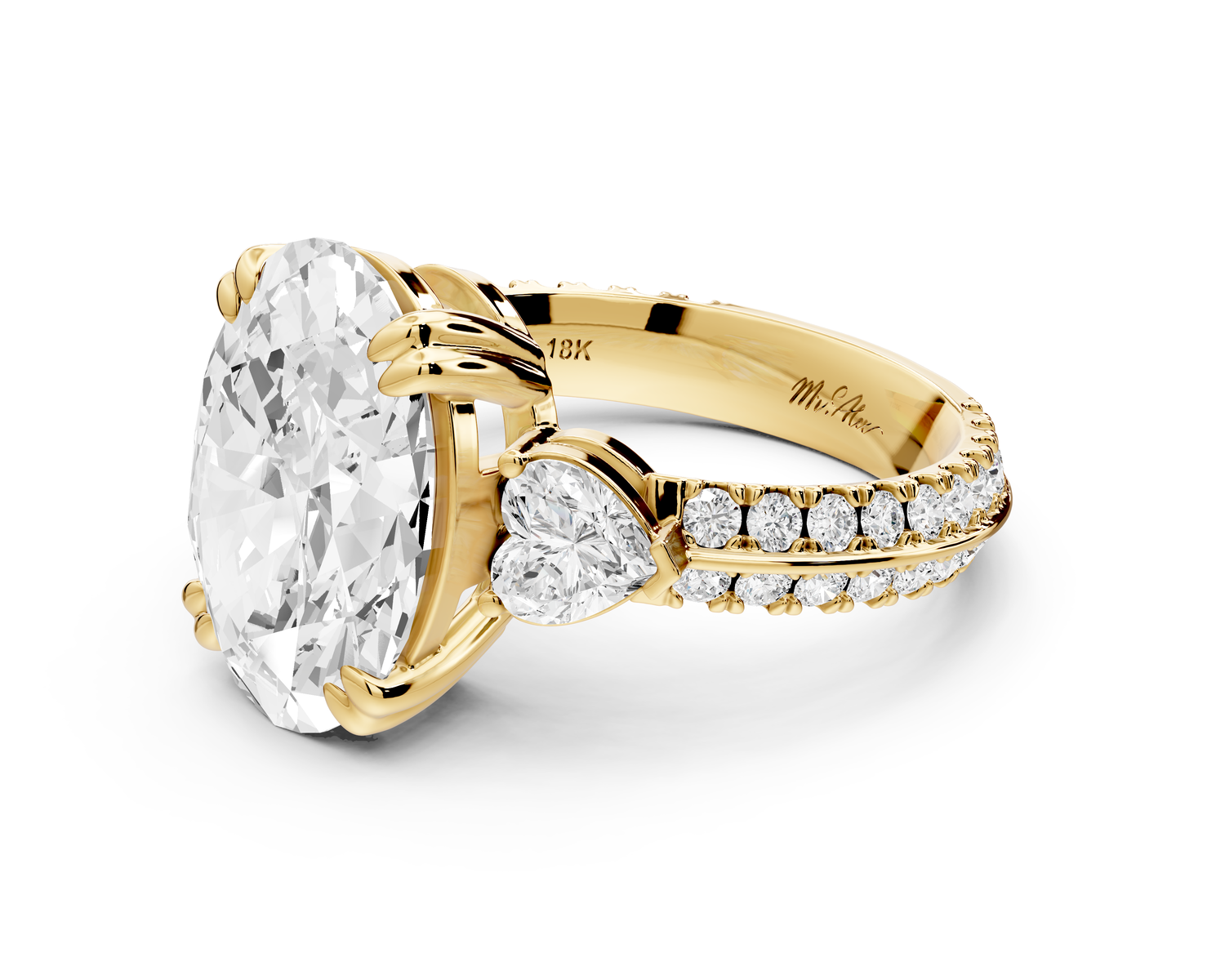 Elinor - 4ct 14k yellow gold oval diamond Double talon prongs with two heart side stones and rollover pavé engagement ring