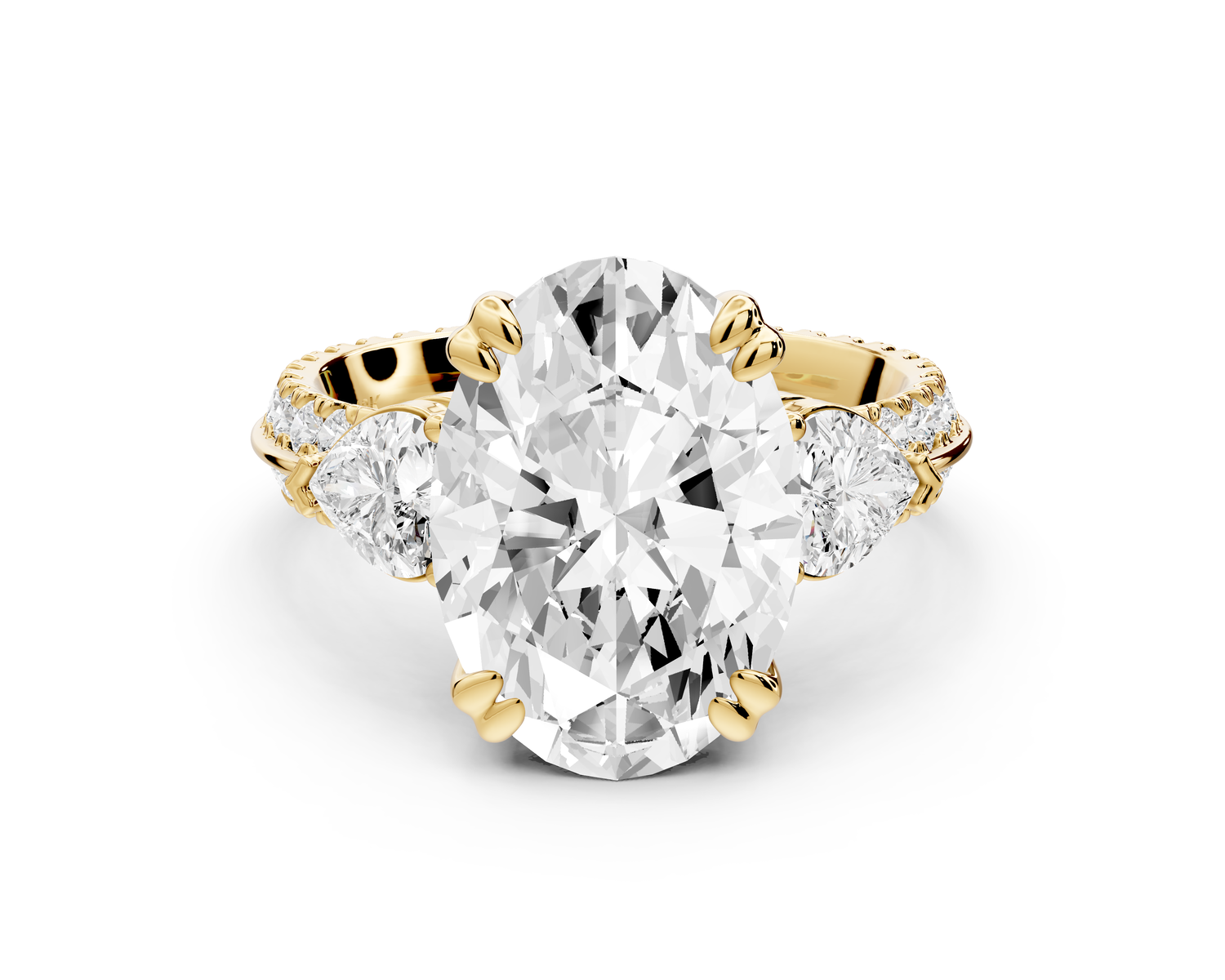 Elinor - 4ct 14k yellow gold oval diamond Double talon prongs with two heart side stones and rollover pavé engagement ring