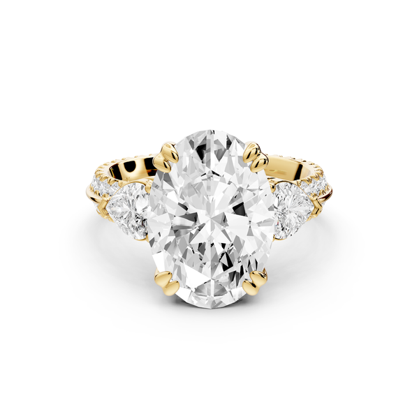 Elinor - 4ct 14k yellow gold oval diamond Double talon prongs with two heart side stones and rollover pavé engagement ring